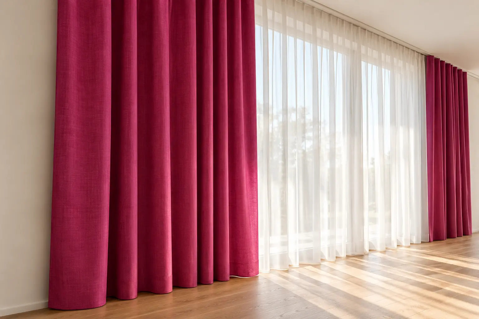 Fuchsiafarbene Vorhänge und transparente Gardinen am Fenster
