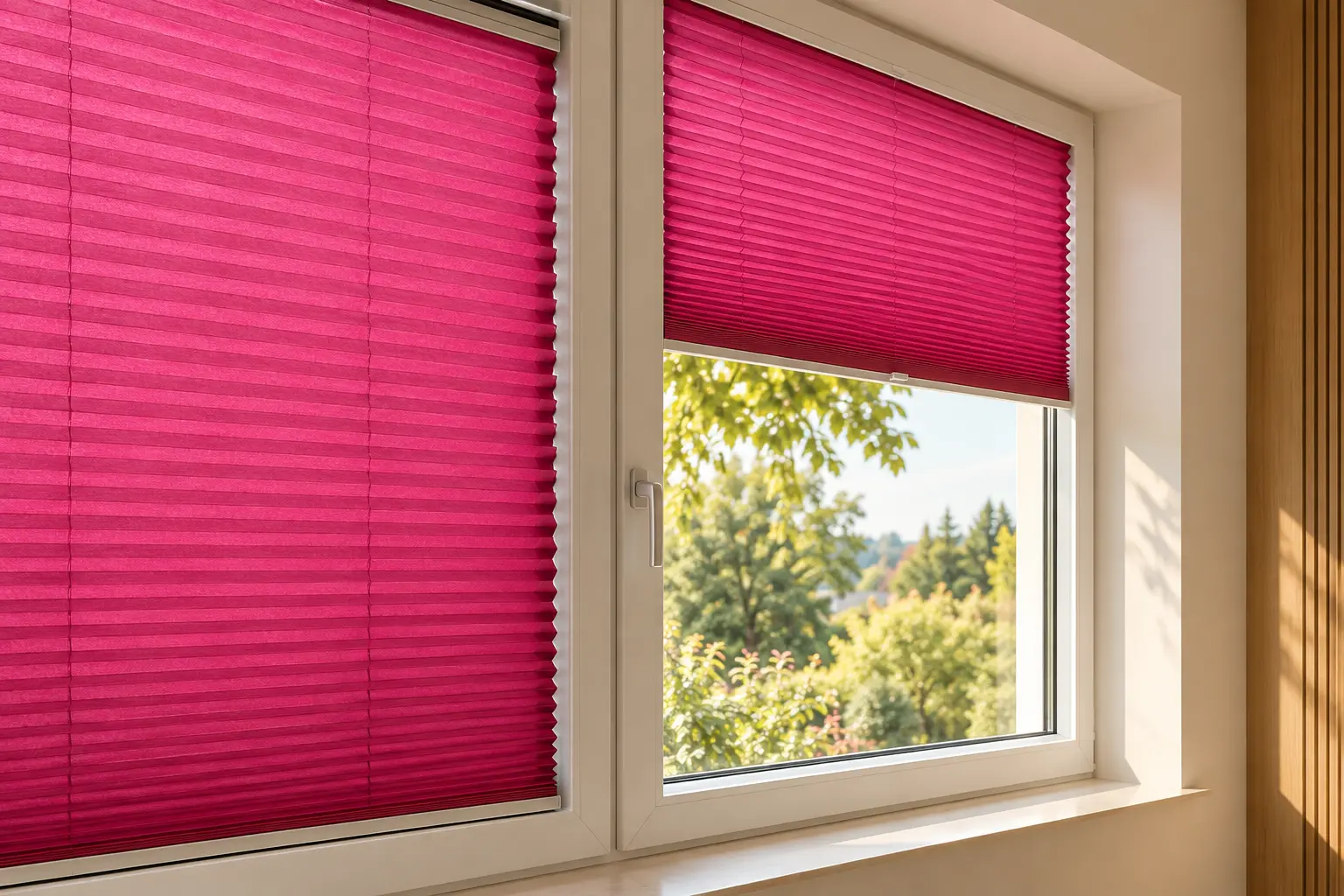 Maßbezogener Sonnenschutz mit fuchsiafarbenen Plissees am Fenster