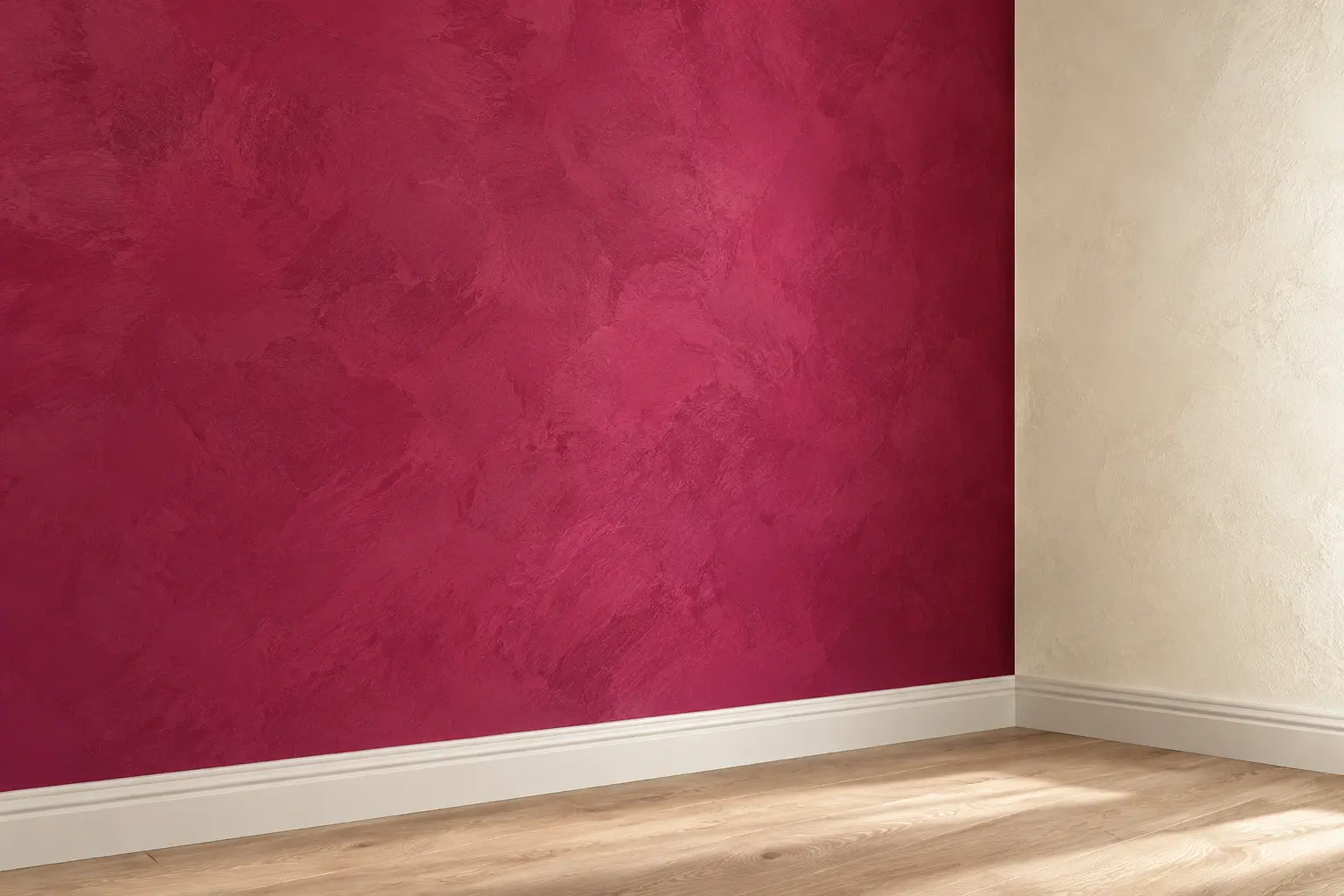 Fuchsiafarbene strukturierte Wand neben einer hellen cremefarbenen Fläche